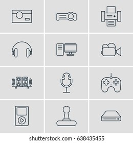 Vector Illustration Of 12 Gadget Icons. Editable Pack Of Photography, Media Controller, Sound Recording And Other Elements.