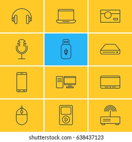 Vector Illustration Of 12 Gadget Icons. Editable Pack Of Usb Card, Monitor, Computer And Other Elements.