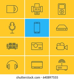 Vector Illustration Of 12 Gadget Icons. Editable Pack Of Smartphone, Sound Recording, Camcorder And Other Elements.