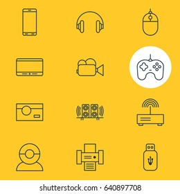 Vector Illustration Of 12 Gadget Icons. Editable Pack Of Loudspeaker, Joypad, Headset And Other Elements.