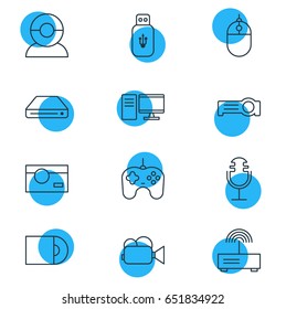 Vector Illustration Of 12 Gadget Icons. Editable Pack Of Sound Recording, PC, Usb Card And Other Elements.