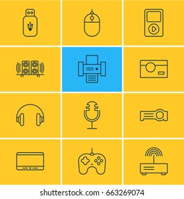 Vector Illustration Of 12 Gadget Icons. Editable Pack Of Media Controller, Cursor Controller, Sound Recording And Other Elements.