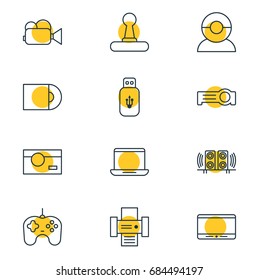 Vector Illustration Of 12 Gadget Icons. Editable Pack Of Photocopier, Monitor, Video Chat And Other Elements.