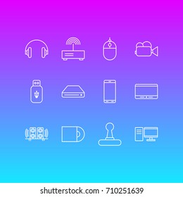 Vector Illustration Of 12 Gadget Icons. Editable Pack Of Usb Card, Game Controller, PC And Other Elements.