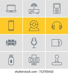 Vector Illustration Of 12 Gadget Icons. Editable Pack Of Game Controller, Usb Card, Photocopier And Other Elements.