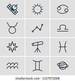 Vector illustration of 12 galaxy icons line style. Editable set of gemini, sputnik, star and other icon elements.