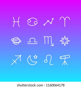 Vector illustration of 12 galaxy icons line style. Editable set of constellation, telescope, cancer and other icon elements.