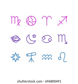 Vector Illustration Of 12 Galaxy Icons. Editable Pack Of Zodiac Sign, Archer, Virgin And Other Elements.