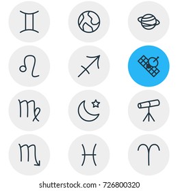 Vector Illustration Of 12 Galaxy Icons. Editable Pack Of Satellite, Night, Fishes And Other Elements.