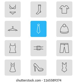 Vector illustration of 12 garment icons line style. Editable set of socks, tie, t-shirt and other icon elements.