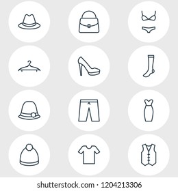 Vector illustration of 12 garment icons line style. Editable set of panama, t-shirt, hanger and other icon elements.