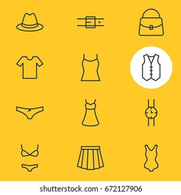 Vector Illustration Of 12 Garment Icons. Editable Pack Of Strap, Swimsuit, Waistcoat And Other Elements.