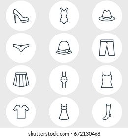 Vector Illustration Of 12 Garment Icons. Editable Pack Of Evening Dress, Casual, Panama And Other Elements.