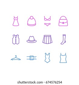 Vector Illustration Of 12 Garment Icons. Editable Pack Of Cloakroom, Singlet, Swimsuit And Other Elements.