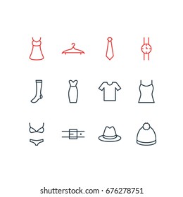 Vector Illustration Of 12 Garment Icons. Editable Pack Of Cloakroom, Cravat, Fedora And Other Elements.