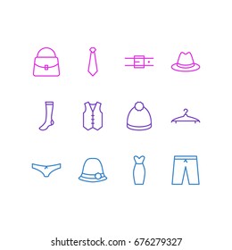 Vector Illustration Of 12 Garment Icons. Editable Pack Of Sarafan, Handbag, Cravat Elements.