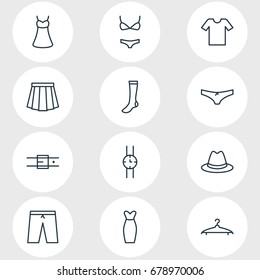 Vector Illustration Of 12 Garment Icons. Editable Pack Of Apparel, Hosiery, Hand Clock Elements.