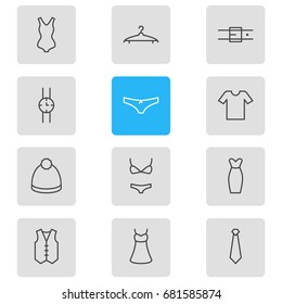 Vector Illustration Of 12 Garment Icons. Editable Pack Of Swimwear, Sarafan, Hand Clock Elements.