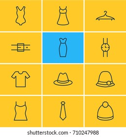 Vector Illustration Of 12 Garment Icons. Editable Pack Of Swimwear, Sarafan, Casual And Other Elements.