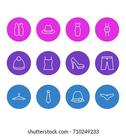 Vector Illustration Of 12 Garment Icons. Editable Pack Of Hand Clock, Pompom, Swimming Trunks Elements.