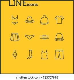Vector Illustration Of 12 Garment Icons. Editable Pack Of Casual, Hosiery, Panties And Other Elements.