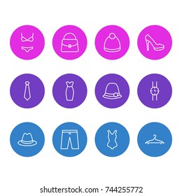 Vector Illustration Of 12 Garment Icons. Editable Pack Of Panama, Pompom, Cloakroom And Other Elements.