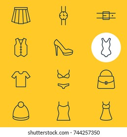 Vector Illustration Of 12 Garment Icons. Editable Pack Of Evening Dress, Strap, Apparel And Other Elements.