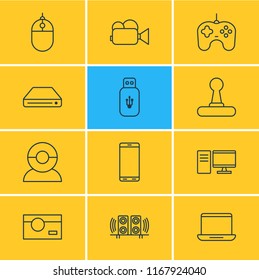 Vector illustration of 12 hardware icons line style. Editable set of cellphone, web camera, speakers and other icon elements.