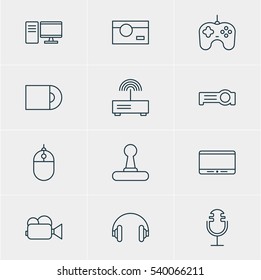 Vector Illustration Of 12 Hardware Icons. Editable Pack Of Cursor Controller, Game Controller, Dvd Drive And Other Elements.