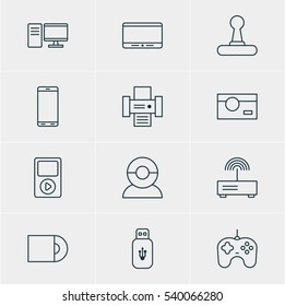 Vector Illustration Of 12 Hardware Icons. Editable Pack Of Photography, PC, Smartphone And Other Elements.