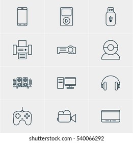 Vector Illustration Of 12 Hardware Icons. Editable Pack Of Media Controller, Headset, PC And Other Elements.