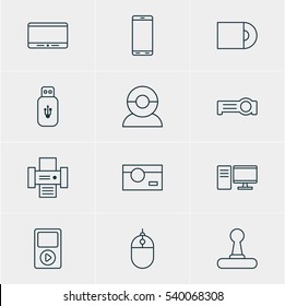 Vector Illustration Of 12 Hardware Icons. Editable Pack Of Monitor, Game Controller, Smartphone And Other Elements.