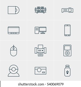 Vector Illustration Of 12 Hardware Icons. Editable Pack Of Usb Card, Cursor Controller, Photography And Other Elements.