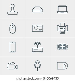 Vector Illustration Of 12 Hardware Icons. Editable Pack Of Cursor Controller, Dvd Drive, Photocopier And Other Elements.