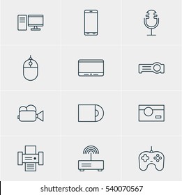 Vector Illustration Of 12 Hardware Icons. Editable Pack Of Smartphone, Sound Recording, Joypad And Other Elements.