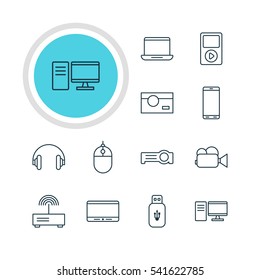 Vector Illustration Of 12 Hardware Icons. Editable Pack Of Computer, PC, Usb Card And Other Elements.