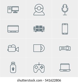 Vector Illustration Of 12 Hardware Icons. Editable Pack Of Sound Recording, Computer, Camcorder And Other Elements.