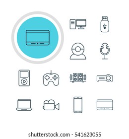 Vector Illustration Of 12 Hardware Icons. Editable Pack Of Usb Card, Video Chat, PC And Other Elements.