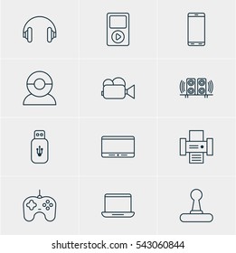 Vector Illustration Of 12 Hardware Icons. Editable Pack Of Game Controller, Headset, Computer And Other Elements.