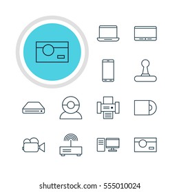 Vector Illustration Of 12 Hardware Icons. Editable Pack Of Dvd Drive, Photography, Video Chat And Other Elements.