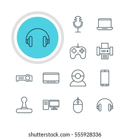 Vector Illustration Of 12 Hardware Icons. Editable Pack Of Video Chat, Photocopier, PC And Other Elements.