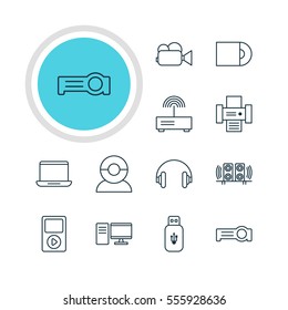 Vector Illustration Of 12 Hardware Icons. Editable Pack Of PC, Photocopier, Usb Card And Other Elements.