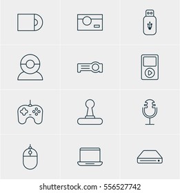 Vector Illustration Of 12 Hardware Icons. Editable Pack Of Media Controller, Dvd Drive, Joypad And Other Elements.