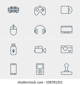 Vector Illustration Of 12 Hardware Icons. Editable Pack Of Photography, Joypad, Usb Card And Other Elements.
