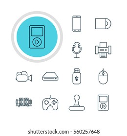 Vector Illustration Of 12 Hardware Icons. Editable Pack Of Camcorder, Sound Recording, Usb Card And Other Elements.