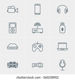 Vector Illustration Of 12 Hardware Icons. Editable Pack Of Computer, Floodlight, Joypad And Other Elements.