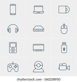 Vector Illustration Of 12 Hardware Icons. Editable Pack Of Monitor, Camcorder, Memory Storage And Other Elements.
