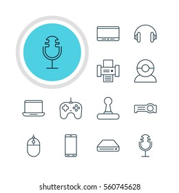 Vector Illustration Of 12 Hardware Icons. Editable Pack Of Computer, Smartphone, Memory Storage And Other Elements.