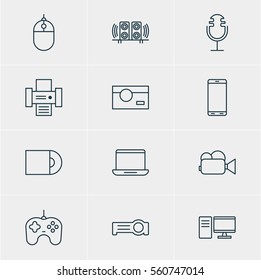 Vector Illustration Of 12 Hardware Icons. Editable Pack Of Smartphone, Photography, Sound Recording And Other Elements.