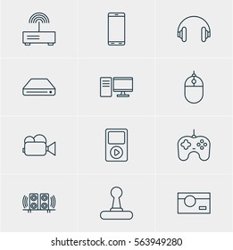 Vector Illustration Of 12 Hardware Icons. Editable Pack Of Game Controller, Cursor Controller, Photography And Other Elements.